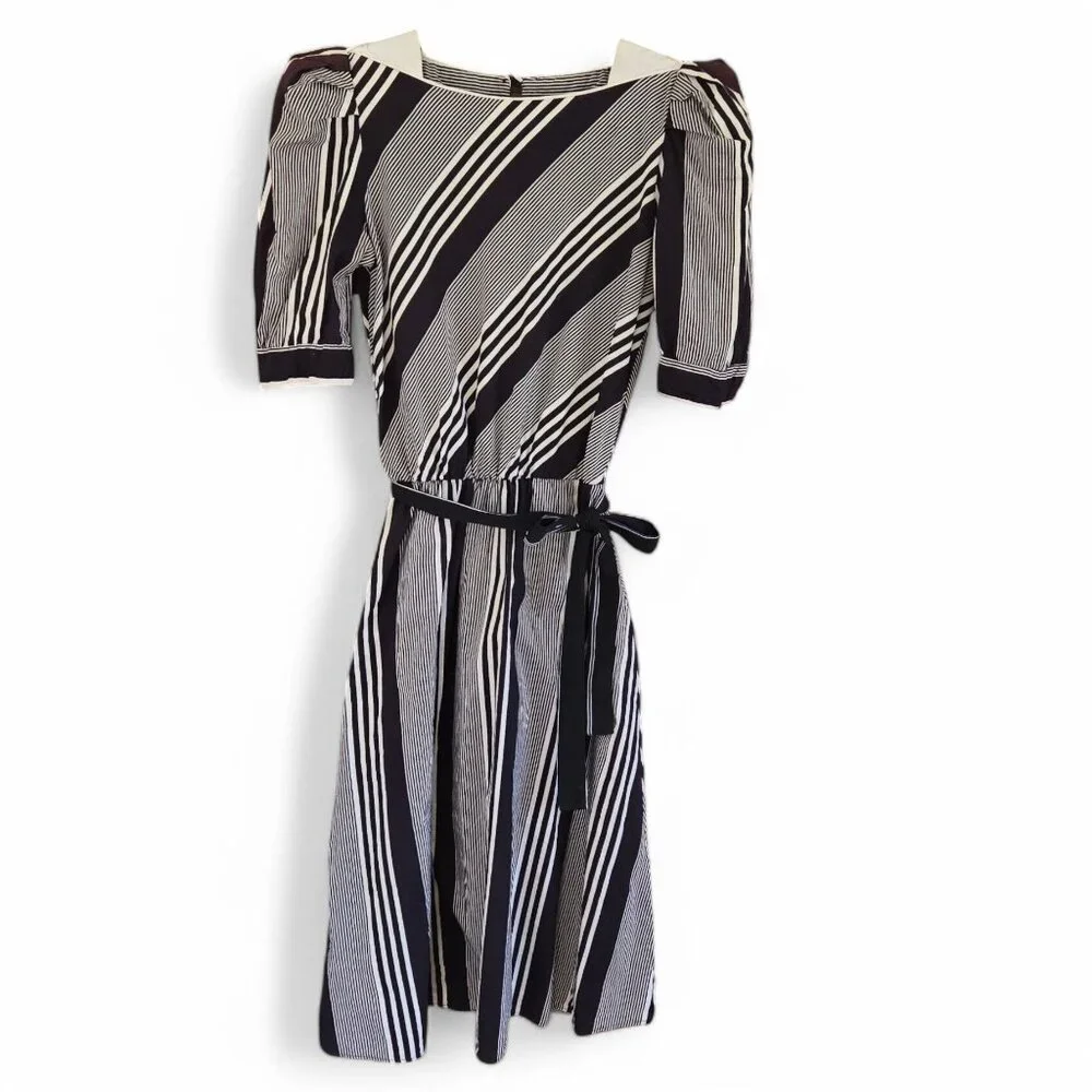 Vintage Brown & White Striped Midi Dress | Handmade 1980s Elastic Waist - Picture 4 of 16